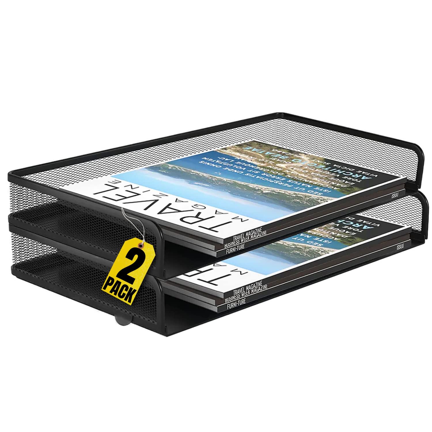 Side Load Letter Tray Stackable Black Mesh Tray Legal Size "2 Pack"