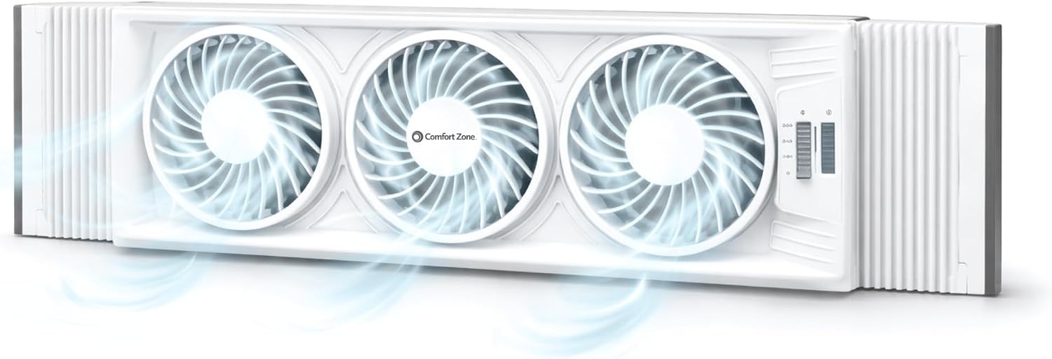 Comfort Zone Triple Window Fan with Adjustable Thermostat | 3-Speed High-Veloc