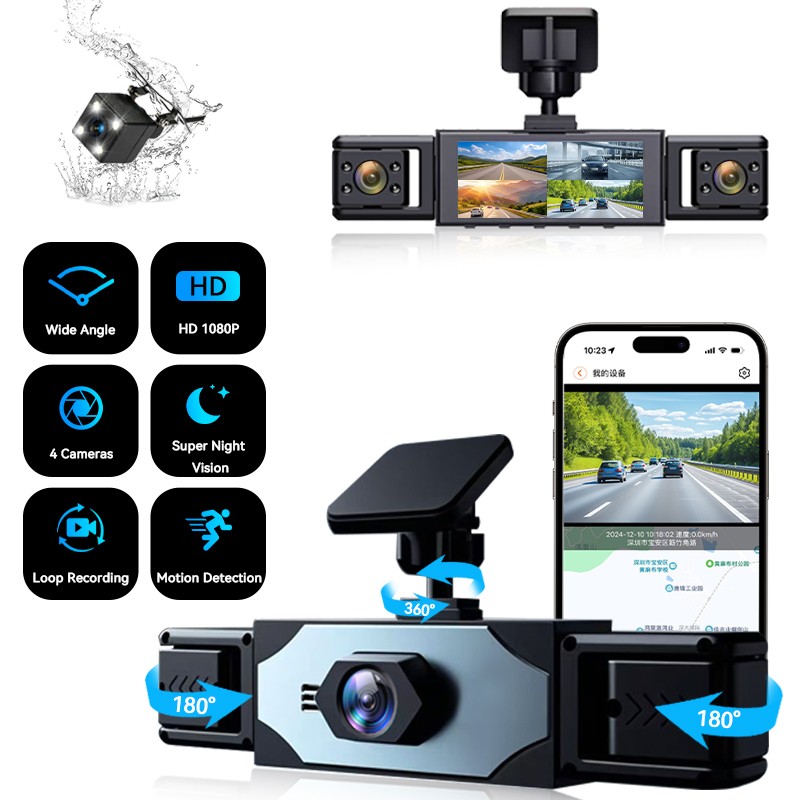 360 Degree View 4 Channel Dash Cam Front and Rear Inside Left Right, Dash Camera
