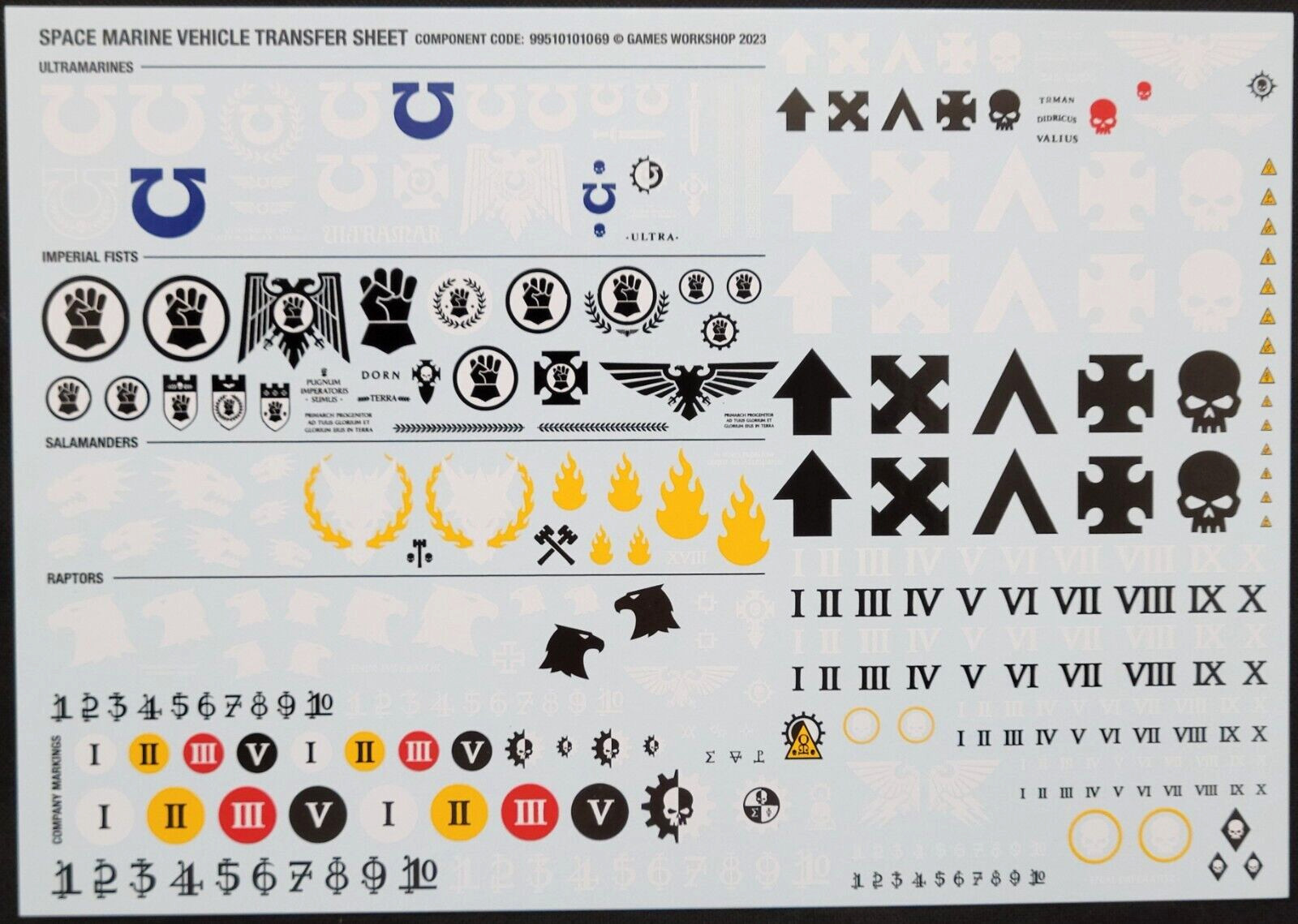 40K Space Marines Vehicle Transfer Sheets 2023 Decals Raptors Fists Salamanders