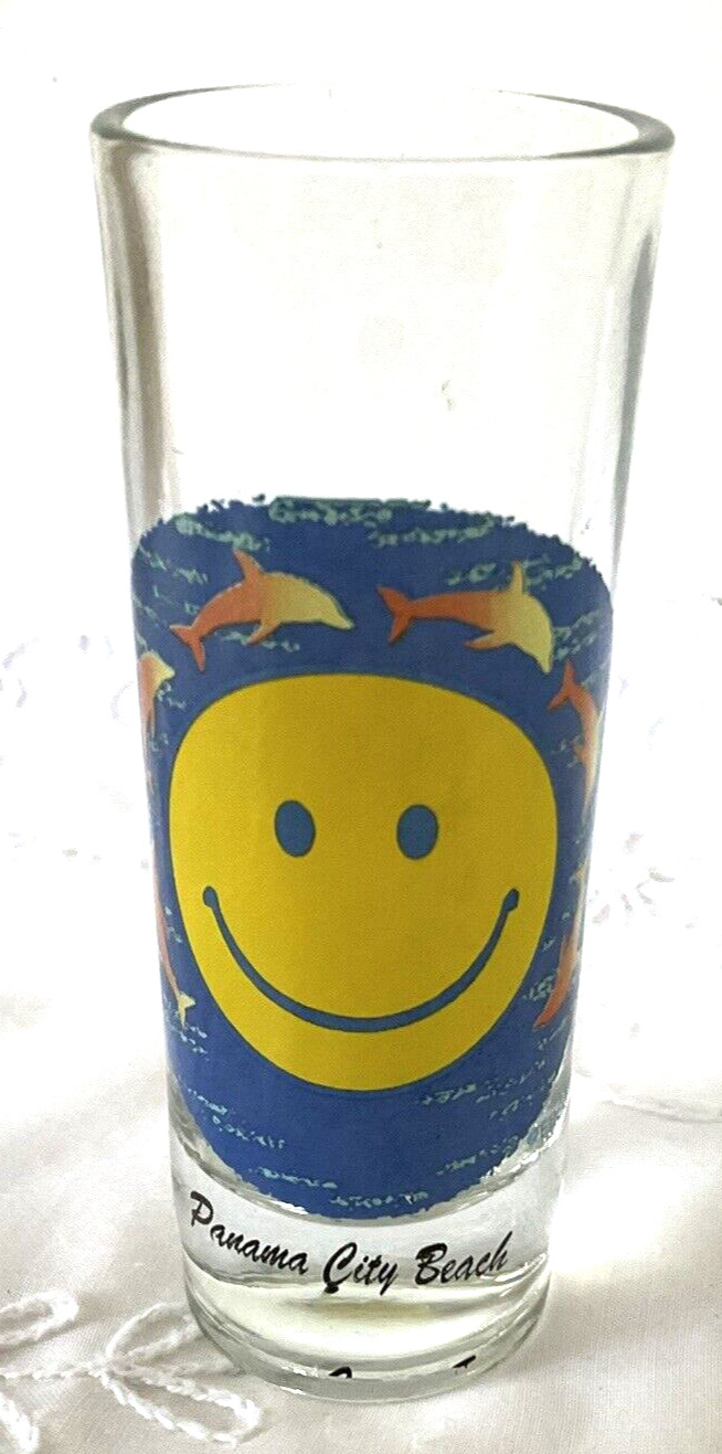 Shot Glass Smiley Face Dolphins Souvenir Panama City Beach  4" tall 1-1/2" Diam