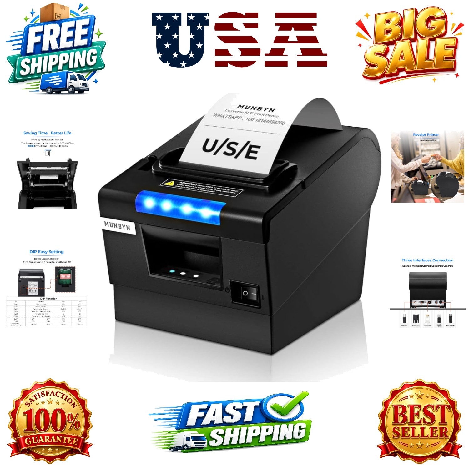 Receipt Printer P068, 3 1/8" 80mm Direct Thermal Printer, POS Printer with Au...
