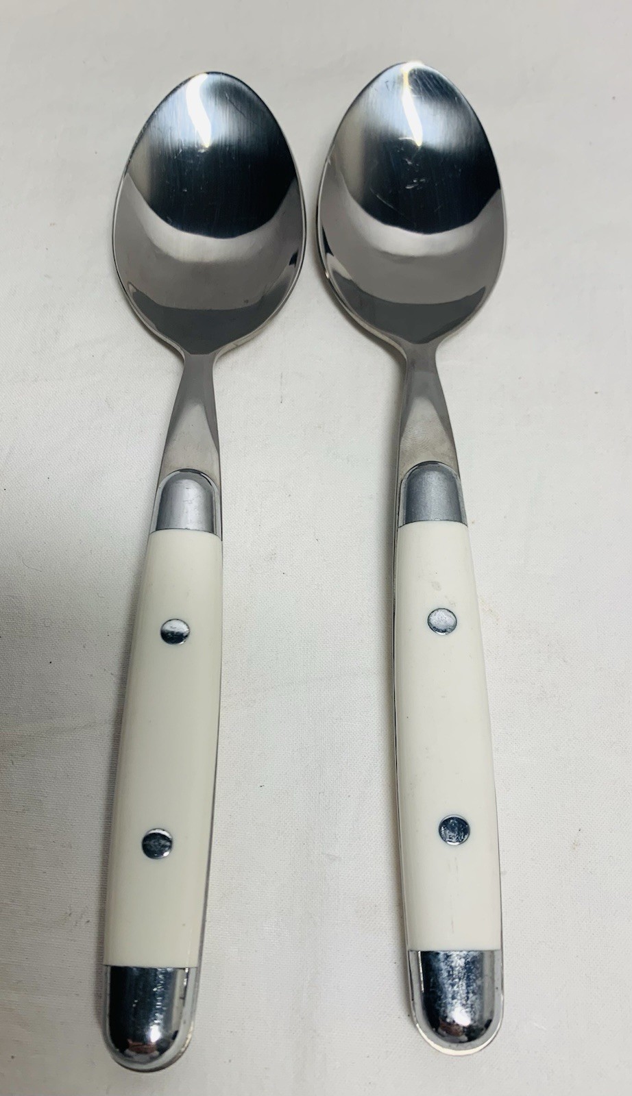 2 Tablespoons Flatware White Plastic Handle 8” Rivets. Similar to Jubilee