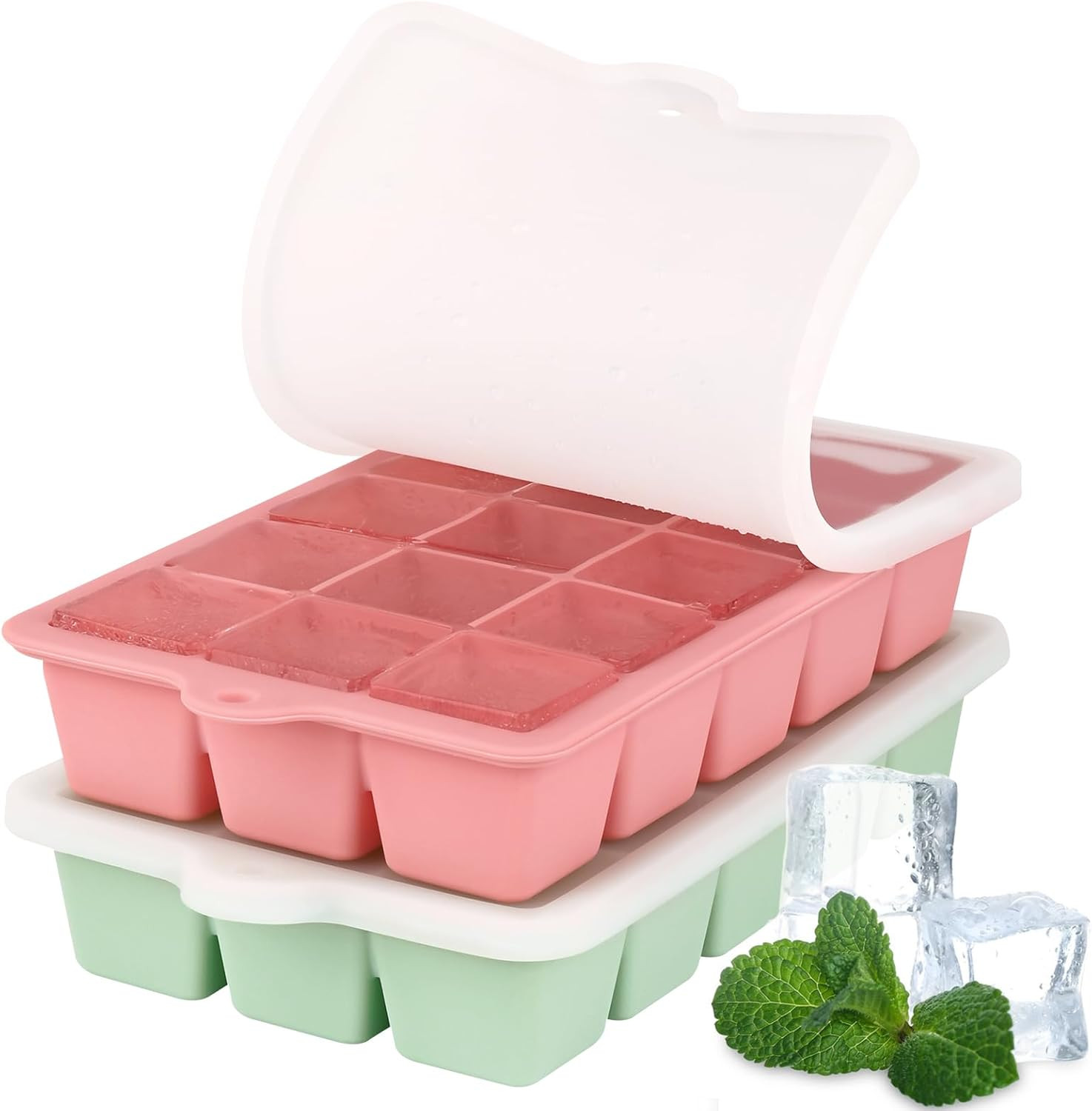 2 Pack Silicone Ice Cube Tray, Medium Size Ice Cube Trays for Freezer, Stackable