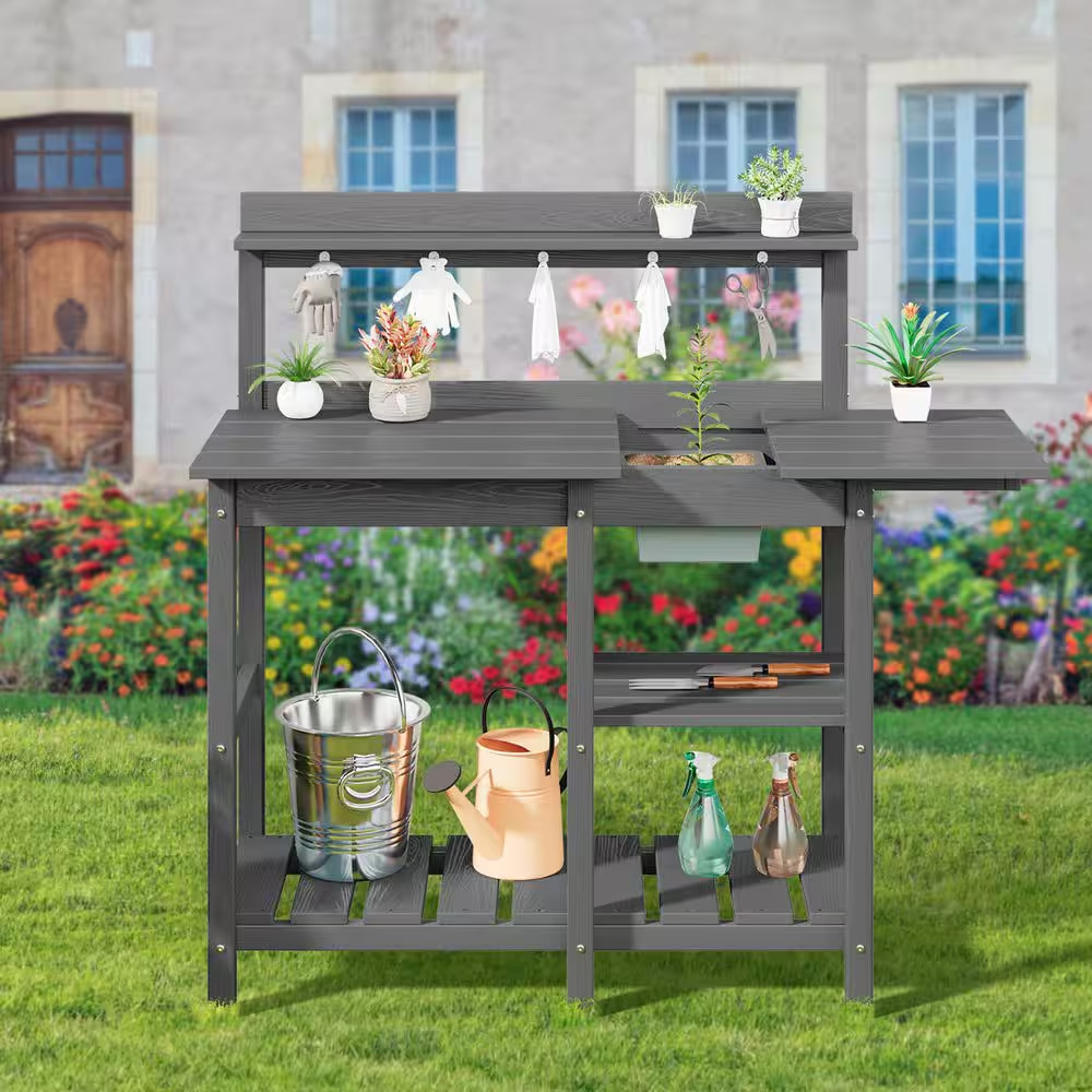 40.94 In. W X 47.24 In. H Gray HDPE Weather-Resistant Garden Potting Bench Table