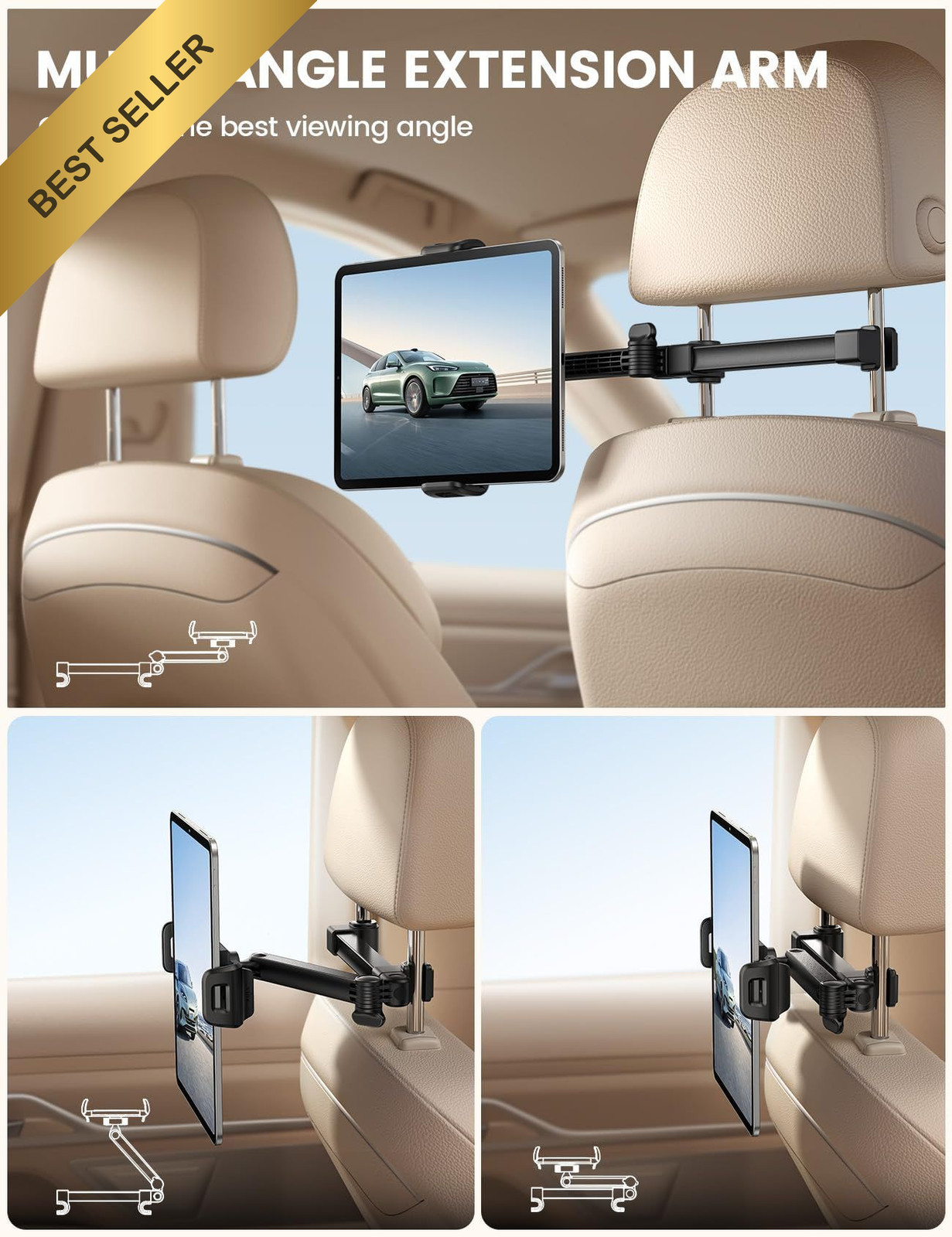 Lamicall Car Headrest Tablet Holder - [Foldable Clip] [Lockable] Black