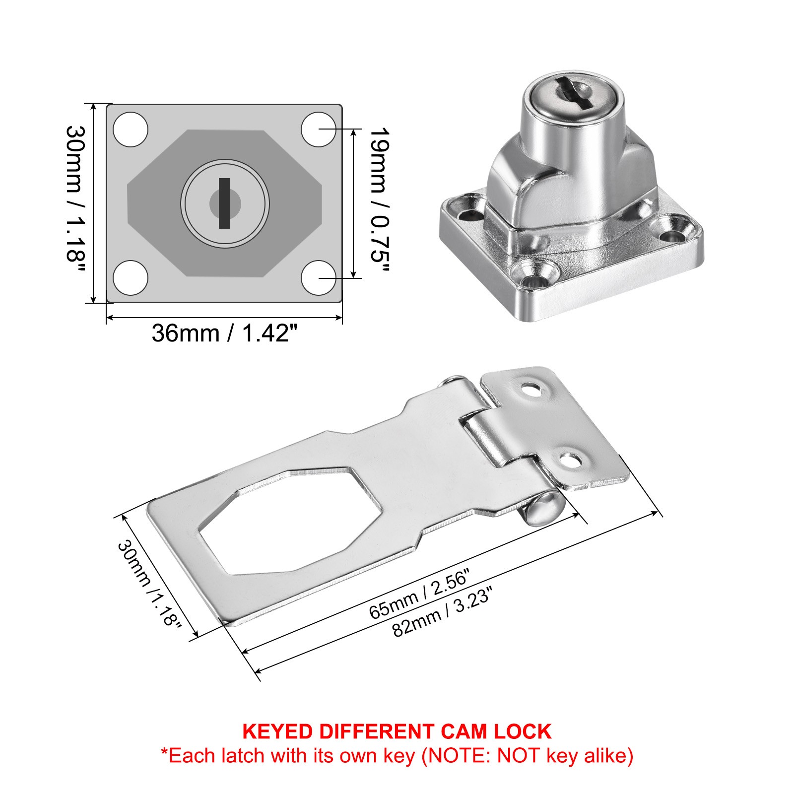 2.5Inch Keyed Hasp Locks Twist Knob Locking Keyed Different, Silver