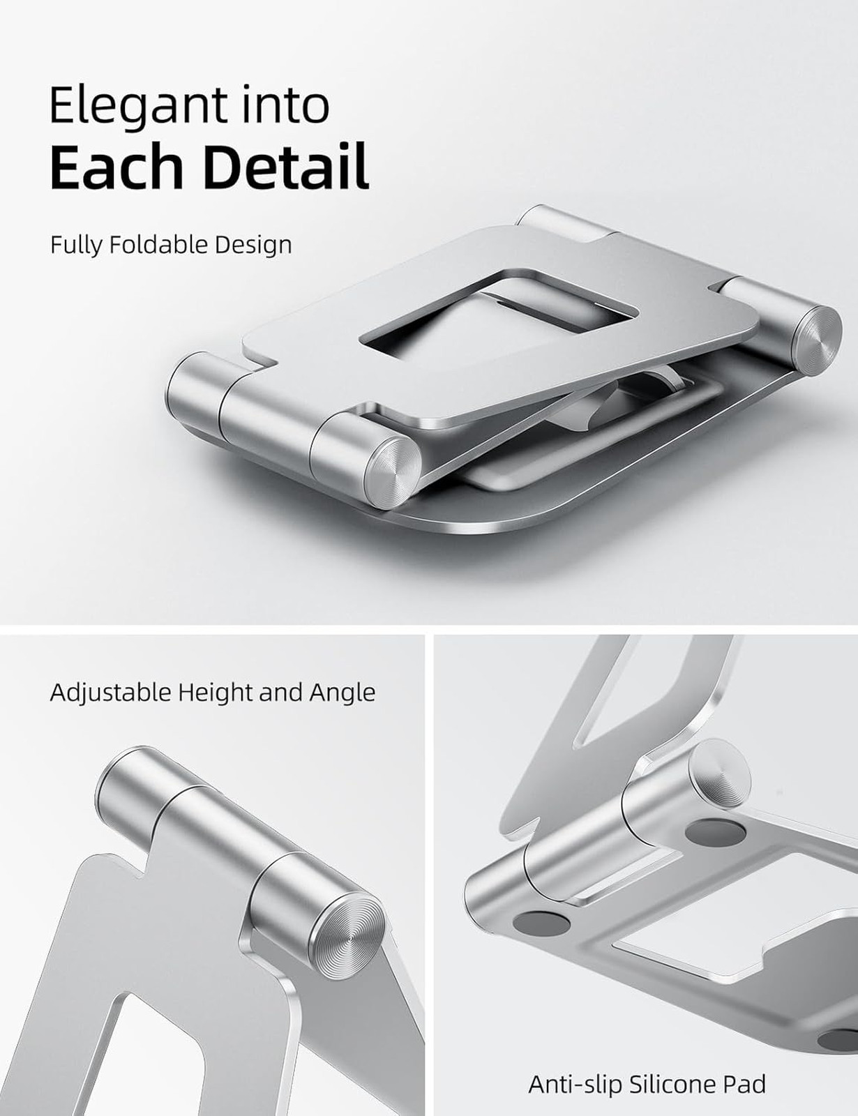 Dual Adjustable Foldable Aluminum Tablet Stand, Silver, Compatible with iPad