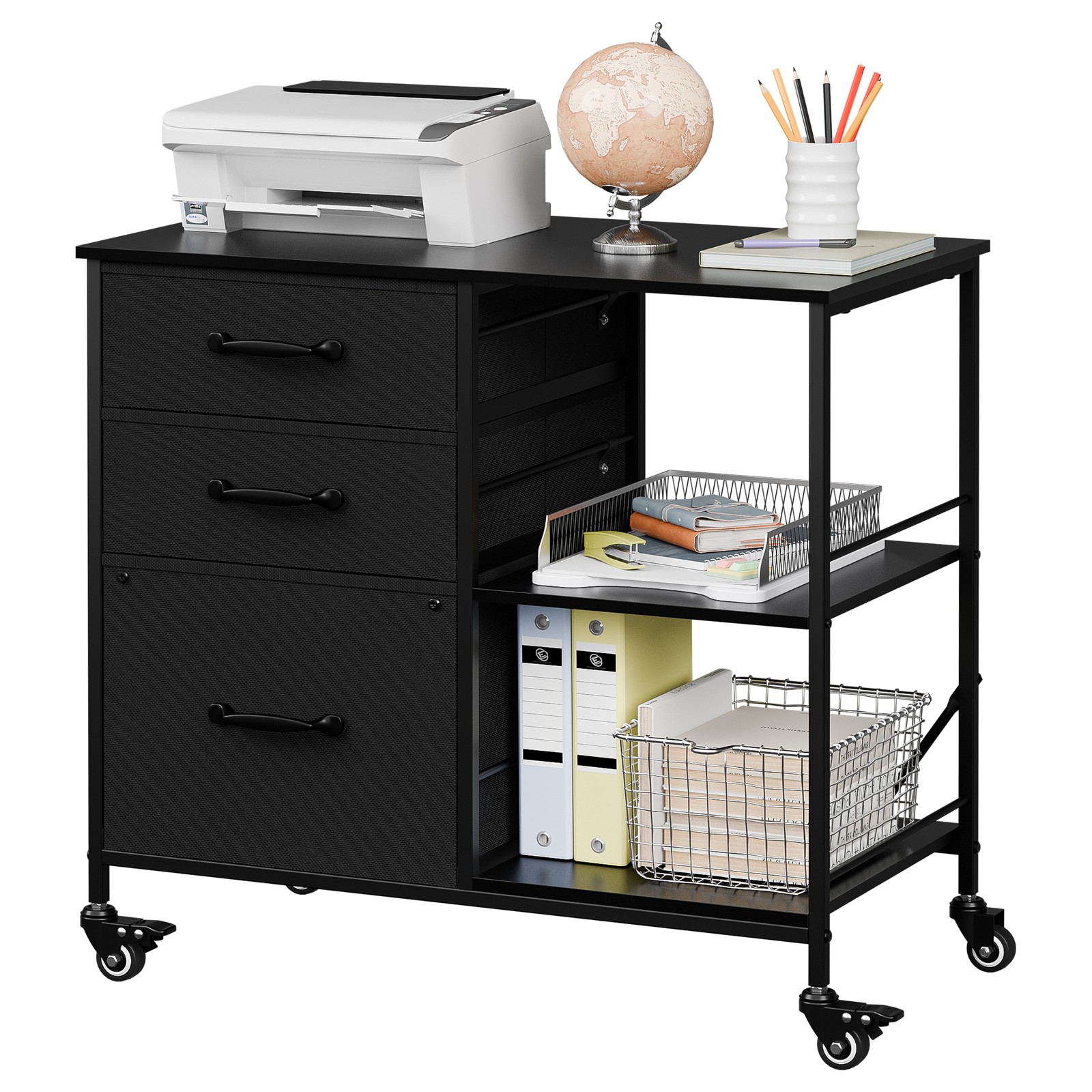 Lateral File Cabinet 3 Drawers Rolling Filing Cabinets w/ Lockable Wheels Black