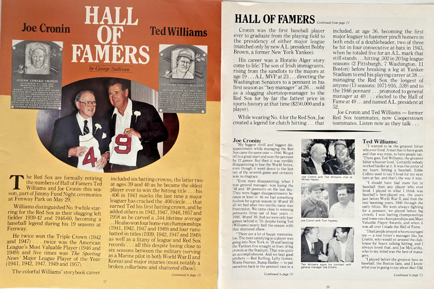 Joe Cronin & Ted Williams Red Sox Hall of Famers Vintage 1984 Magazine Article