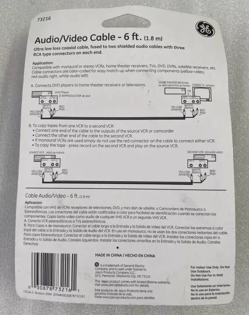 NEW GE 73216 Audio/Video Cable Red/White/Yellow 6FT