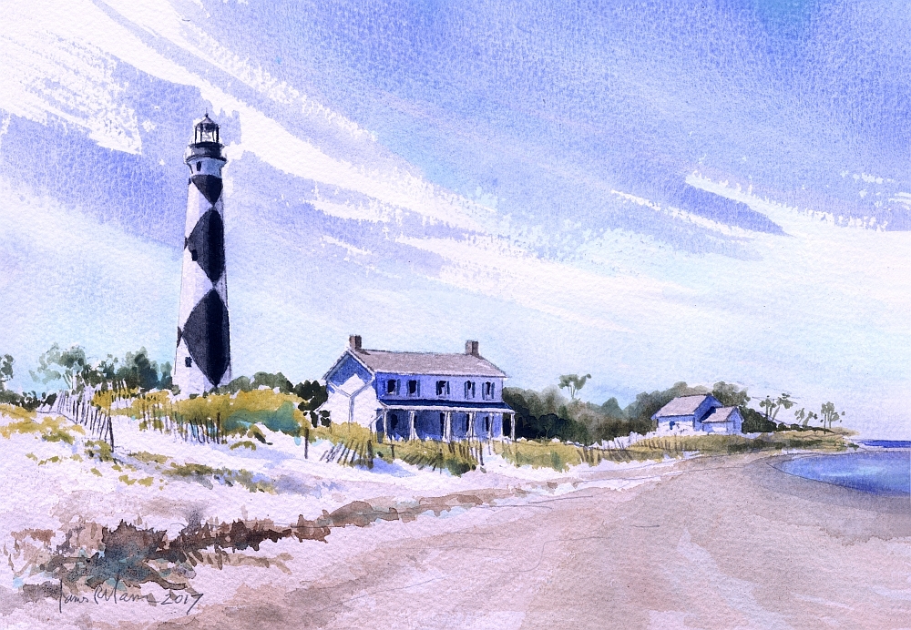 Cape Lookout Lighthouse & Keeper's House, NC. James Mann Watercolor Notecards