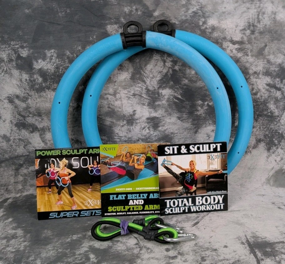 3x3 FIT Fitness Rings Set of 2 1.5LB + 2 Tension Cords Clips + 3 DVDs Turquoise