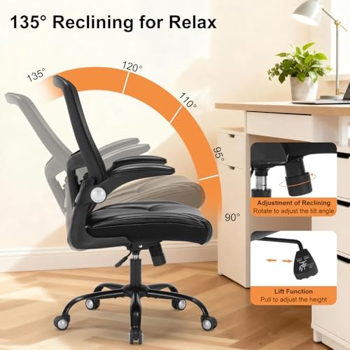 Ergonomic Office Chair, PU Leather Ergonomic Desk Chair with Mesh Back Pu Black