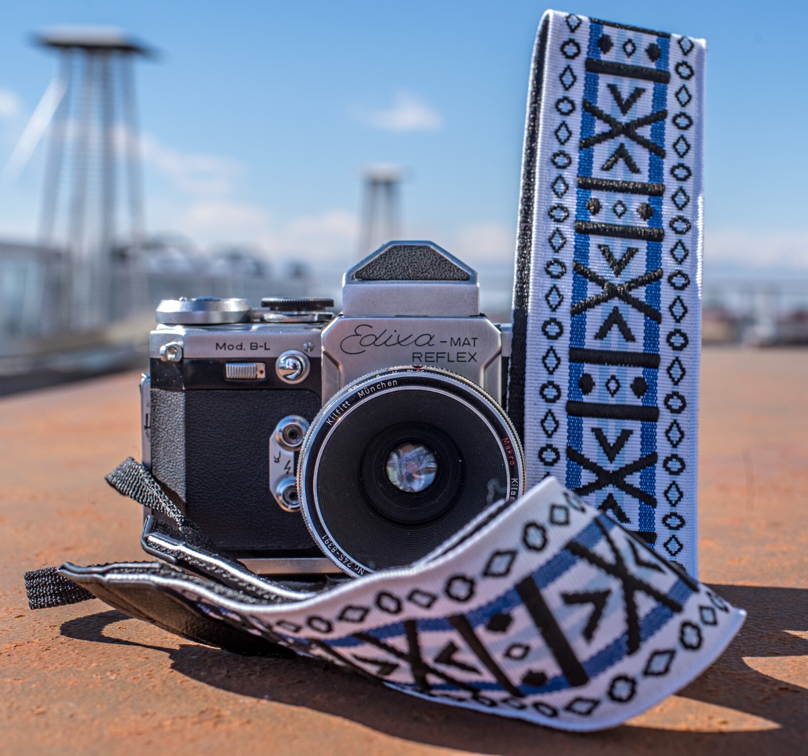 Stunning White, Blue, and Black Geometric Pattern Hippie-inspired Camera Strap
