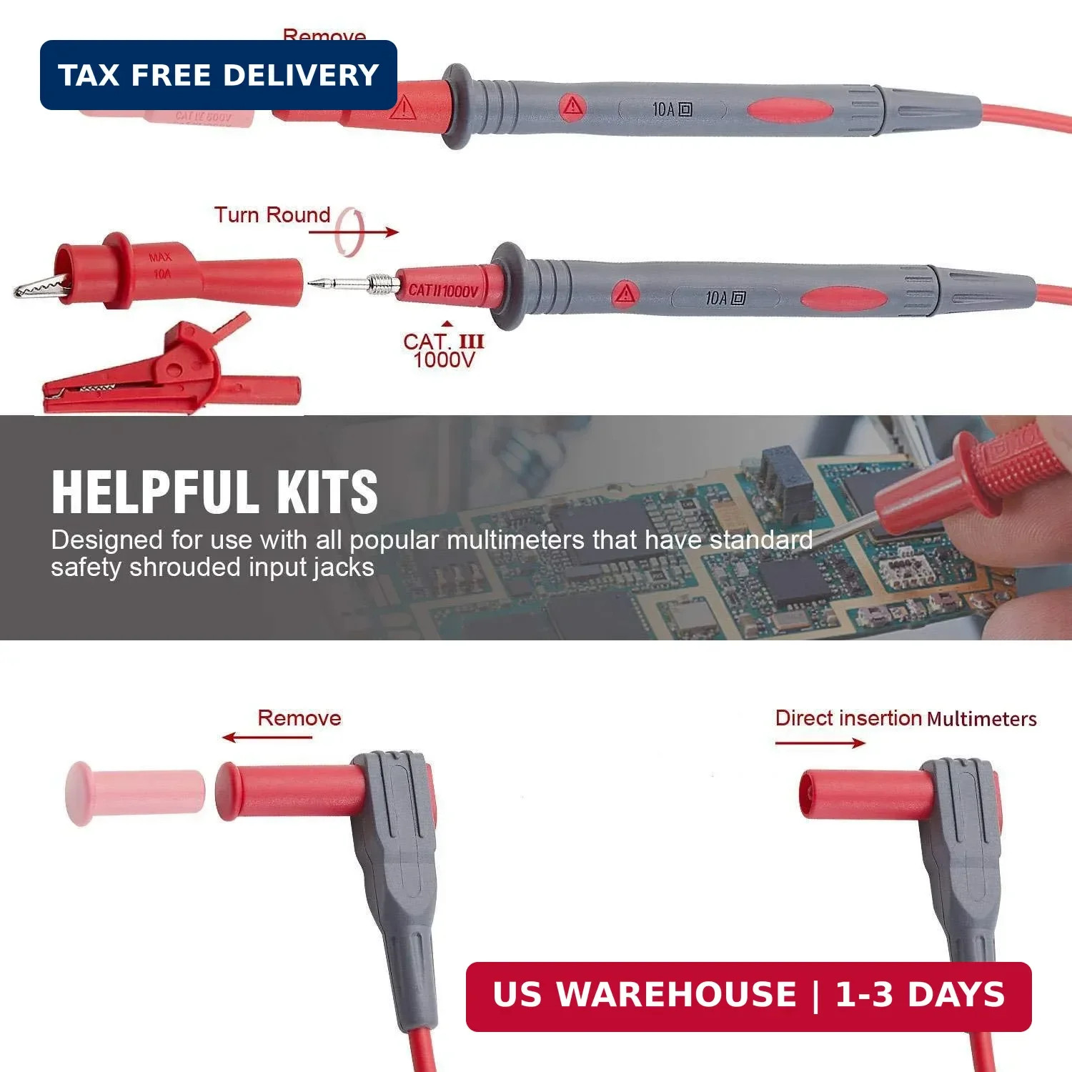 Multimeter Lead Set with Threaded Safety Clips - CAT III Certified