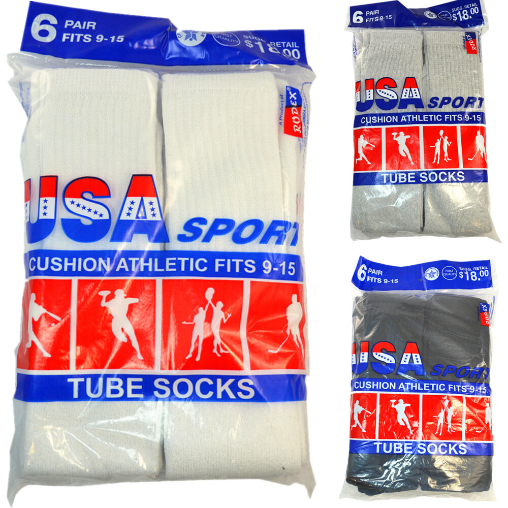 3 6 12 Pairs Mens Cotton Athletic Solid Sports Tube Socks Size 9-15 Made In USA