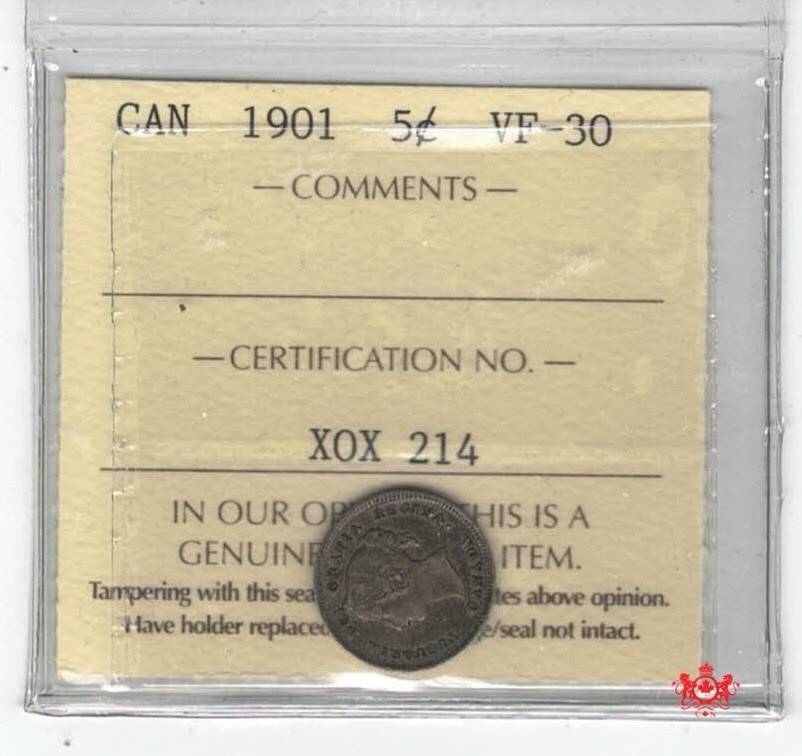 1901 Canada 5 Cents - ICCS VF30 - XOX 214