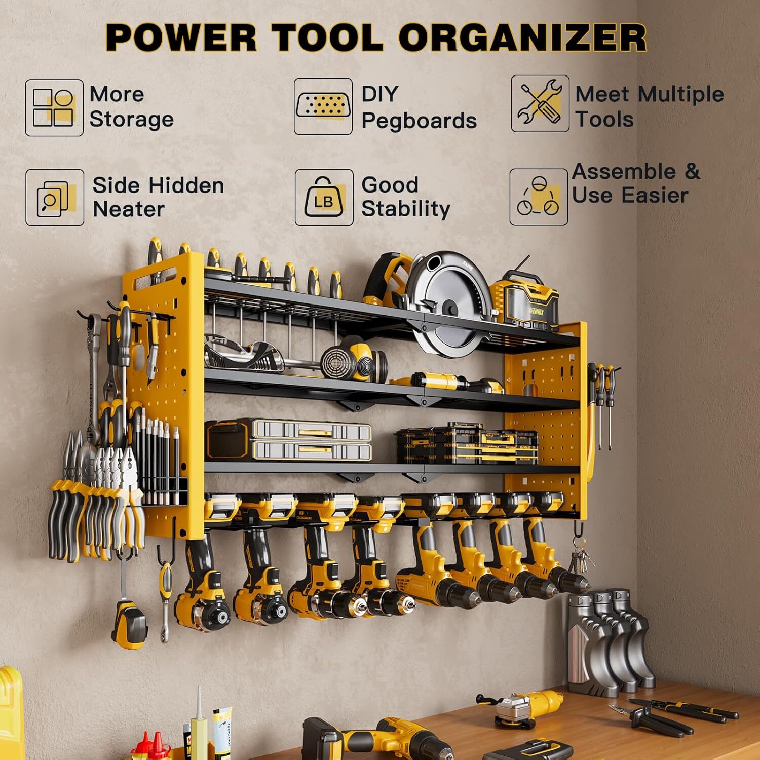 Wall Mounted Power Tool Organizer,4-Tier Tool Rack with 8 Drill Holders (Yellow)