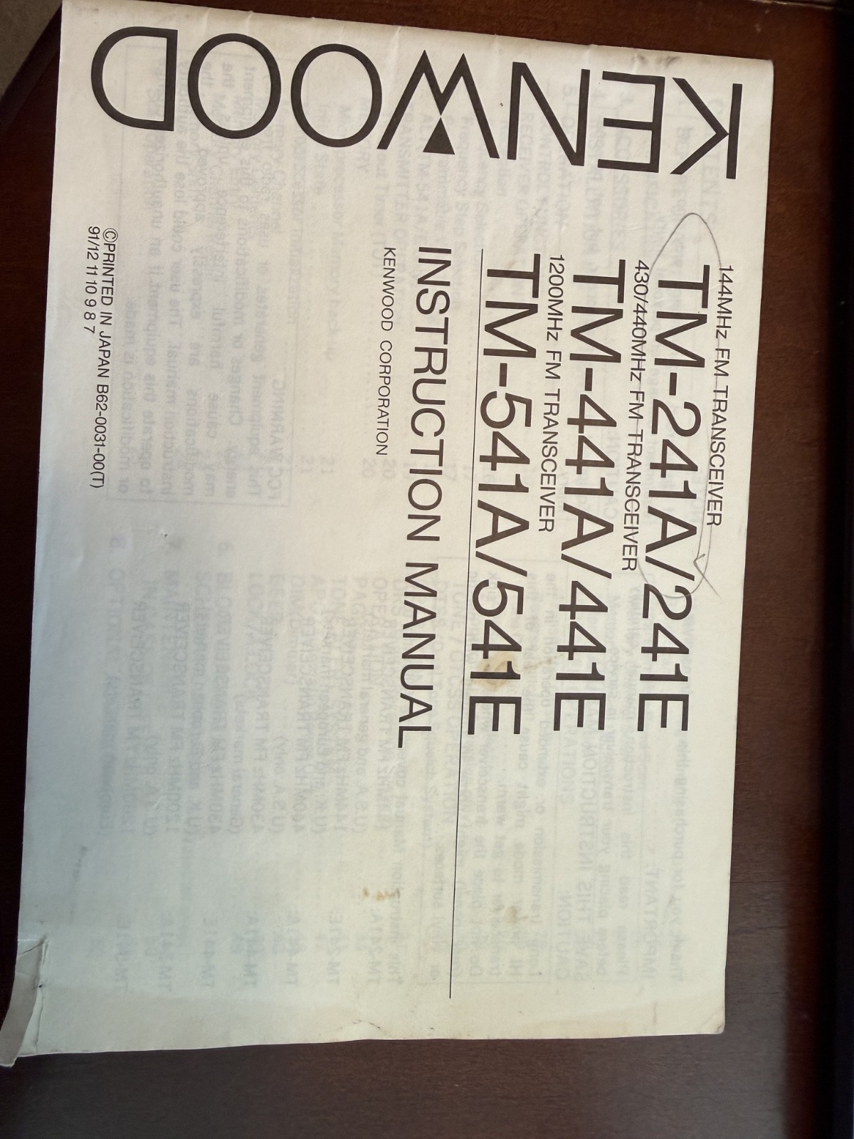 Kenwood-TM-241A/241E(144Mhz)/TM-441A/441E(440 Mhz)/TM541A/541E(1200Mhz)Manual