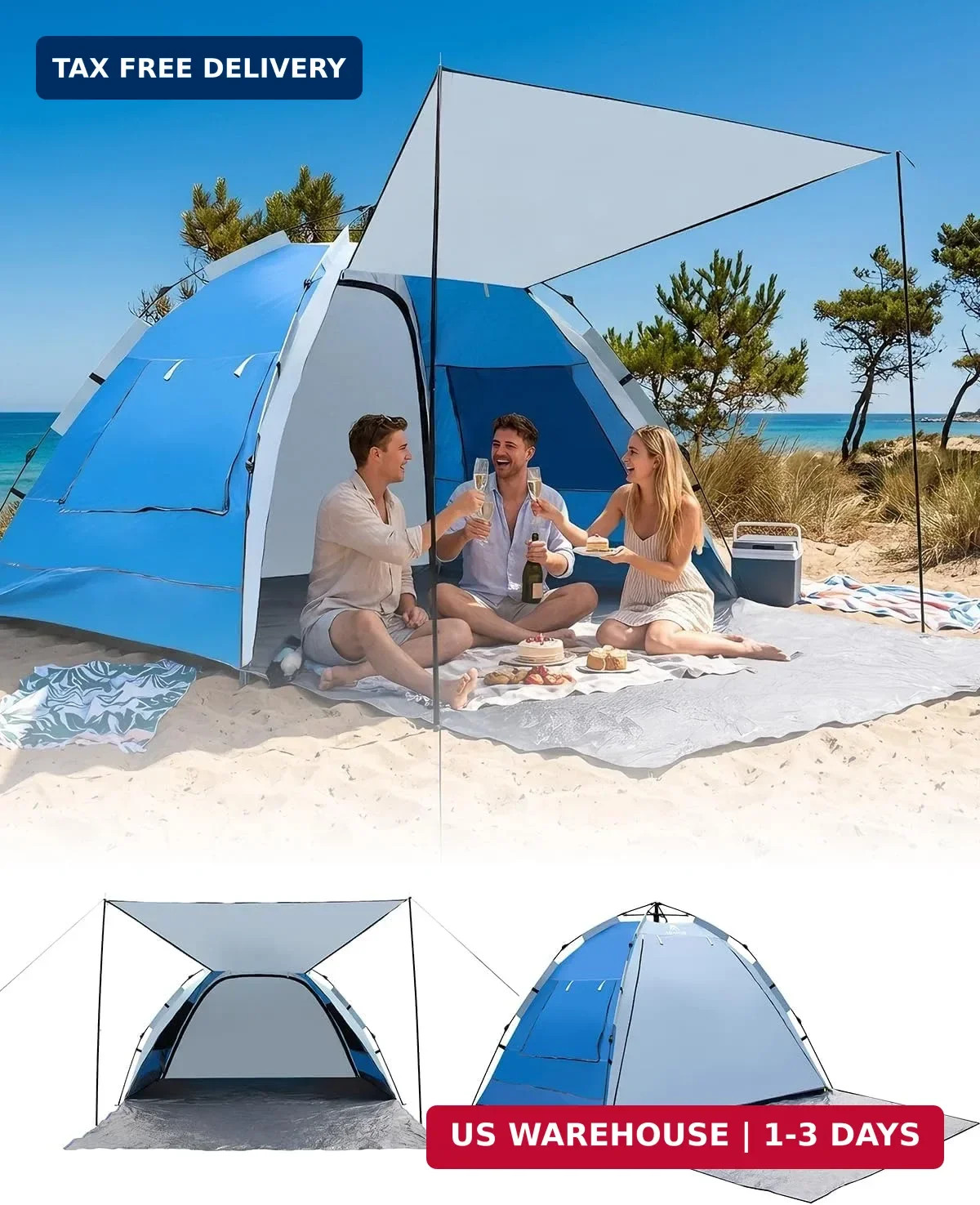 3-Person Instant Beach Tent Sun Shelter with UPF 50+ UV Protection, Porta