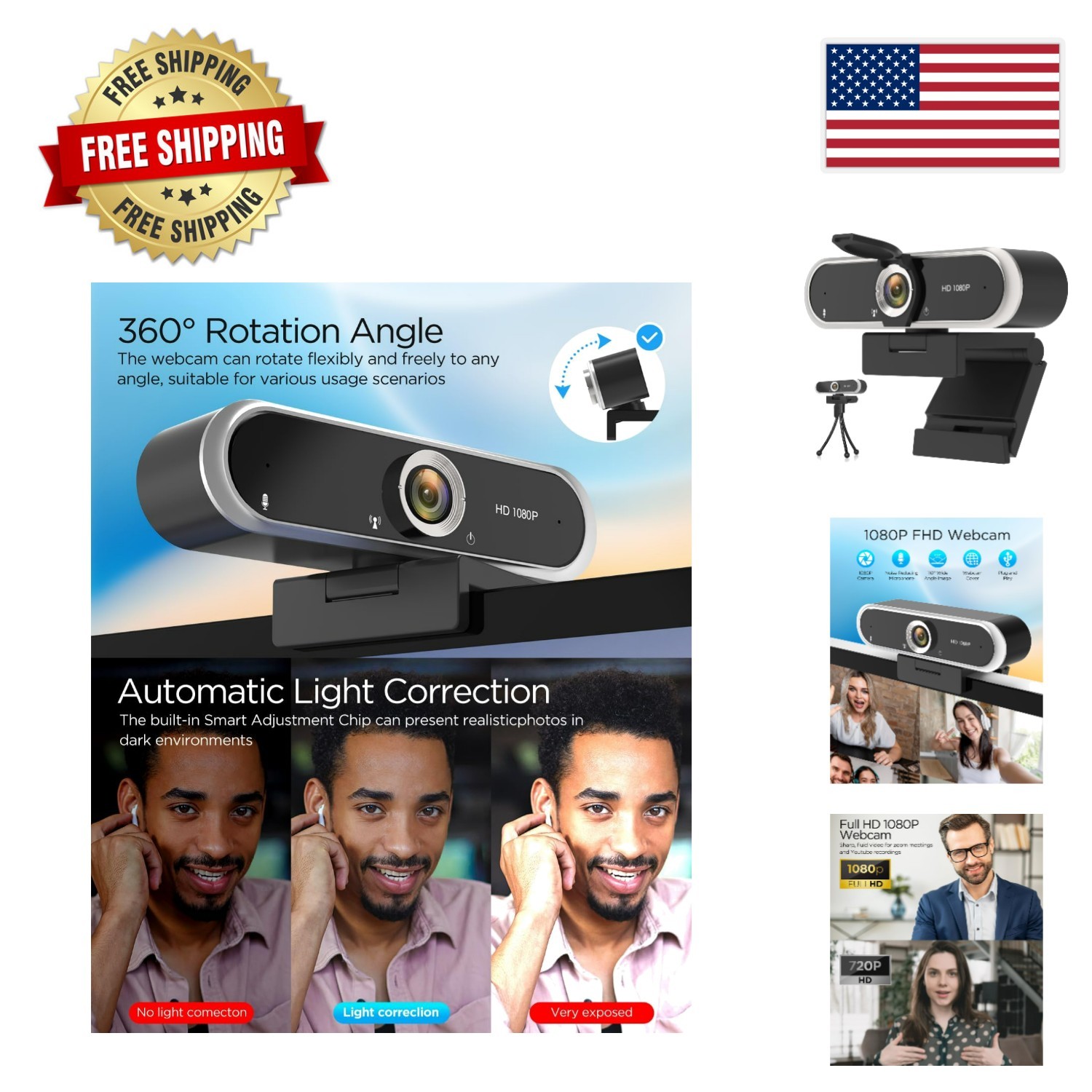 1080P Webcam with Built-in Noise-Canceling Microphone & Auto Light Correction