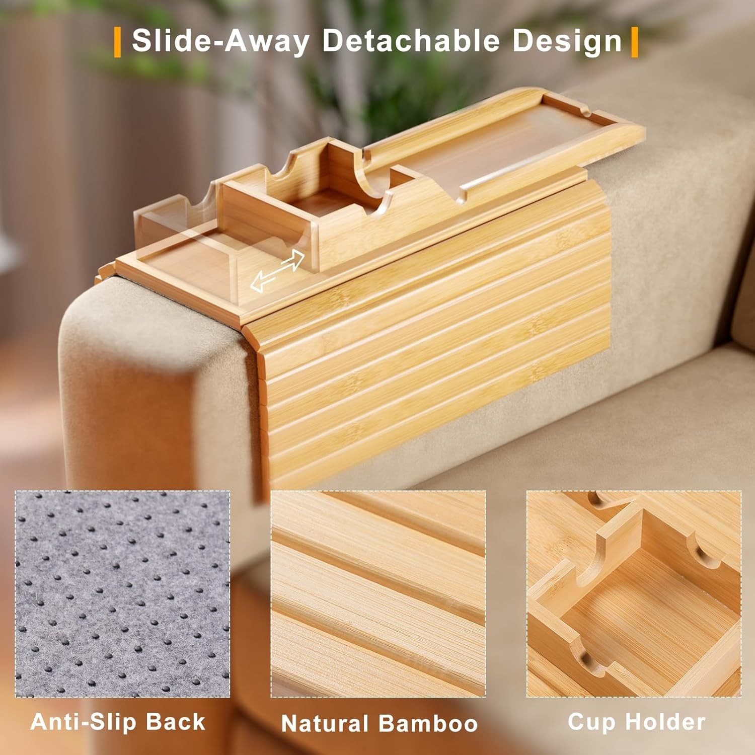 Bamboo Sofa Armrest Tray Couch Arm Tray W/ Detachable Couch Cup Holder 2 in 1