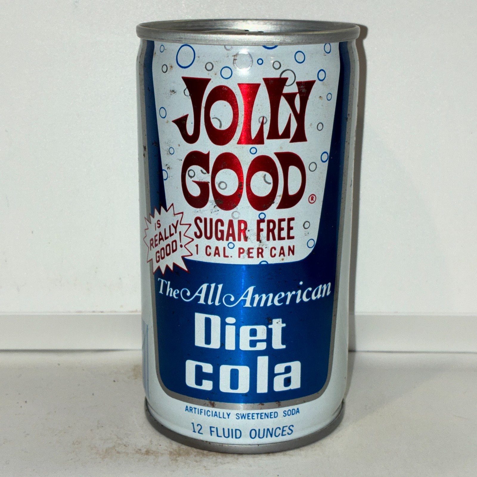 1970's Jolly Good Diet Cola Soda can, crimped steel, bottom opened