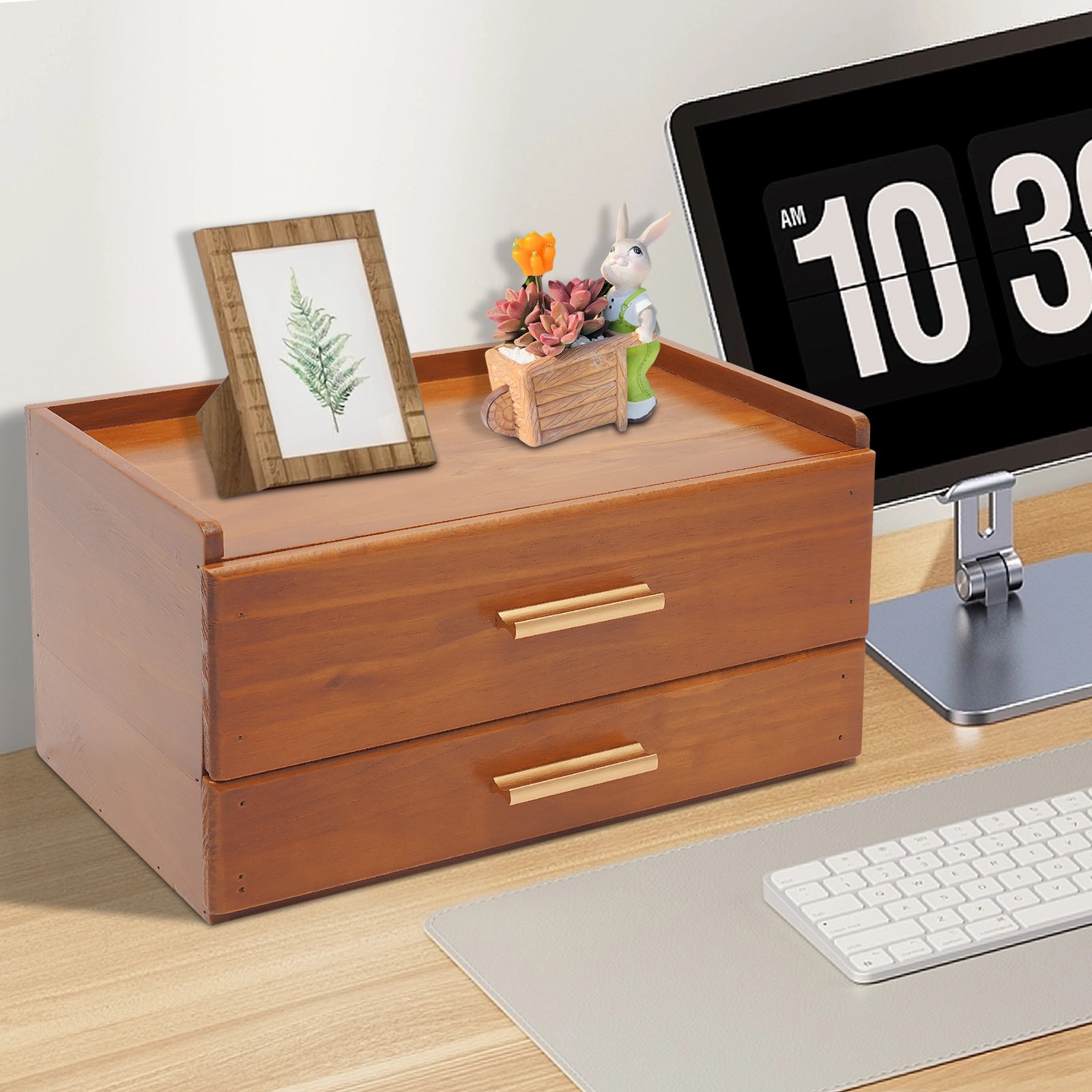 Desktop Organizer with 2 Drawers Wood Tabletop Storage Box for Office Supplies
