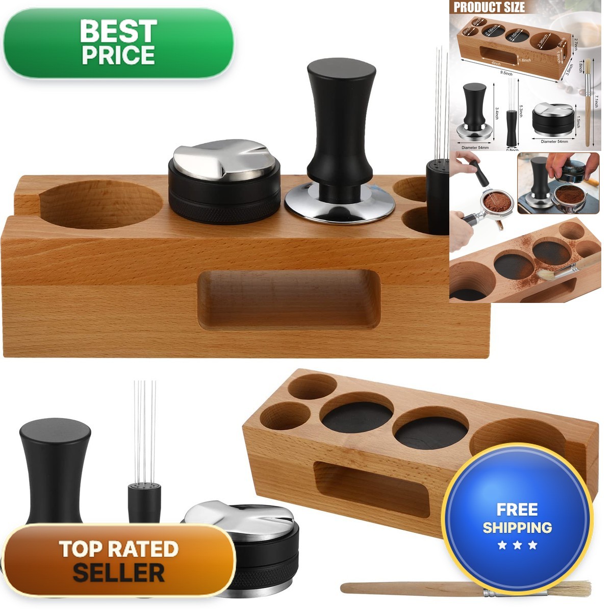 Roowest 5 Pack 54 Mm Espresso Accessories Kit Wooden Tamper Station Coffee