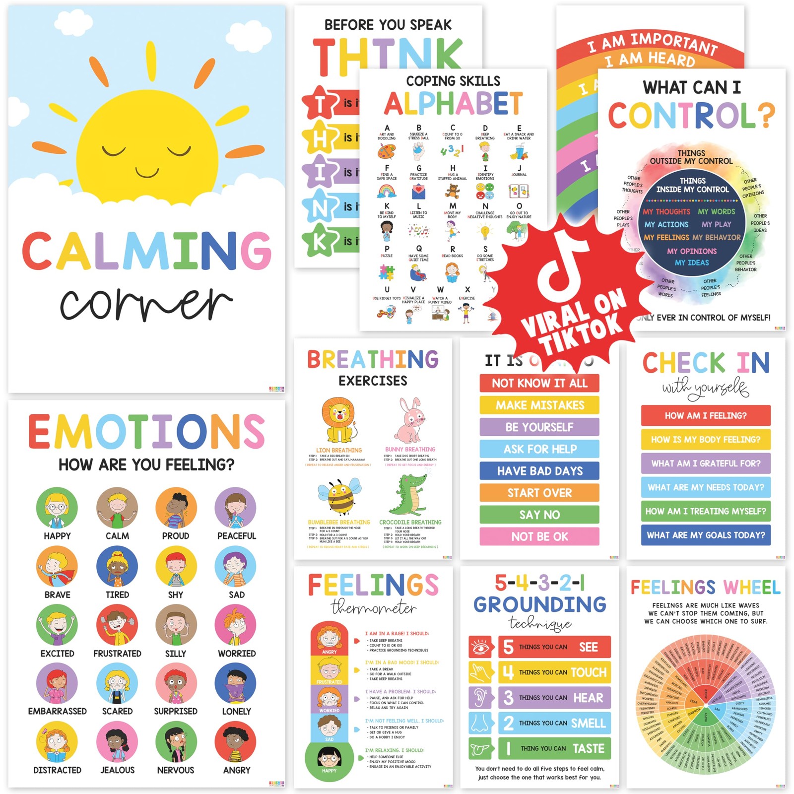 12 Calming Corner Classroom Posters (10x14) - Feelings Wheel Chart & Emotions...