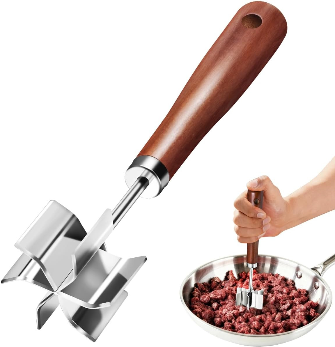 Stainless Steel Meat Chopper Masher, 6 Blade Ground Beef Chopper Potato Masher T