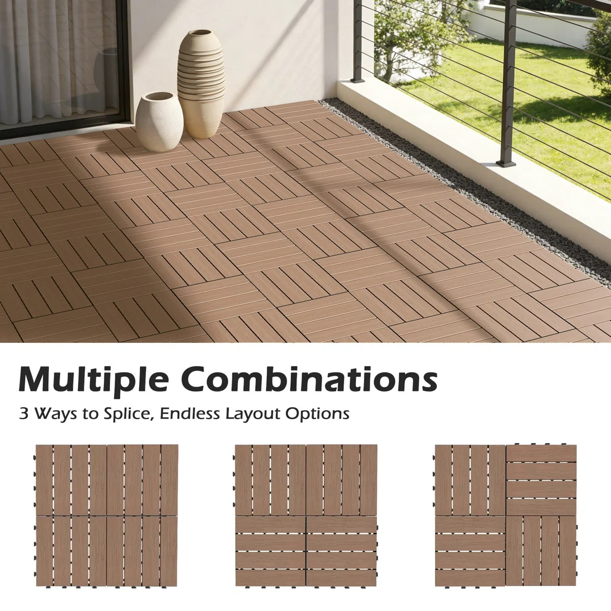 36Pcs HDPE Interlocking Deck,Waterproof Snap-Together w/Drainage Design,Brown