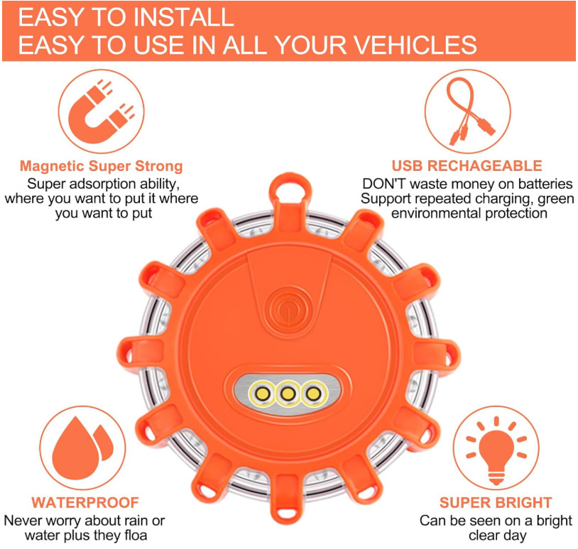 Paquete De 4 Luces LED De Emergencia Para Carretera Con Base Magnética De Gancho