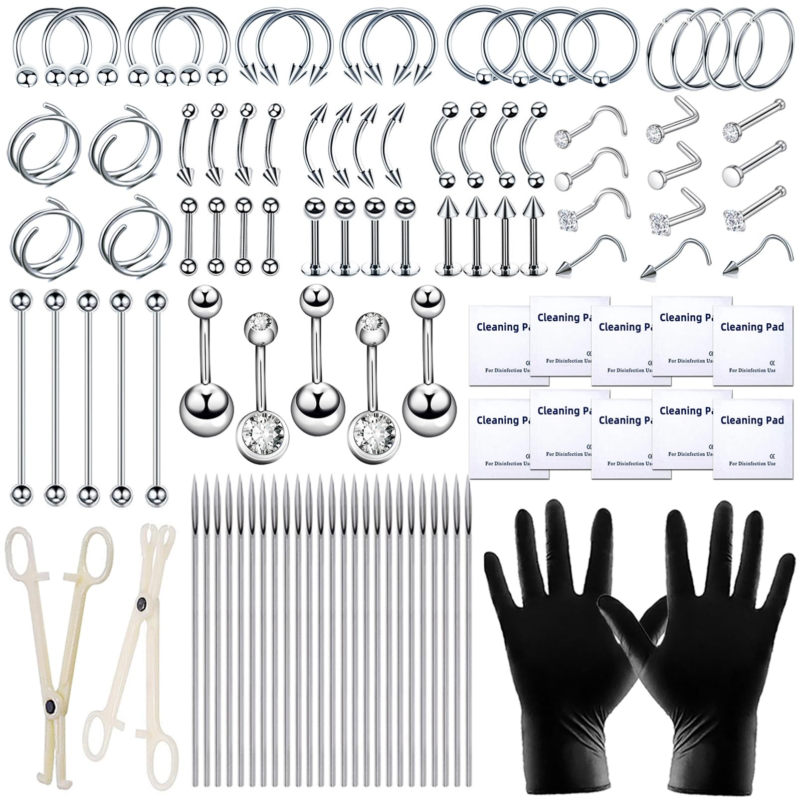 TKKUY 103PCS Piercing Kit for all Body Piercings 103Pcs, 103Pcs-Silver