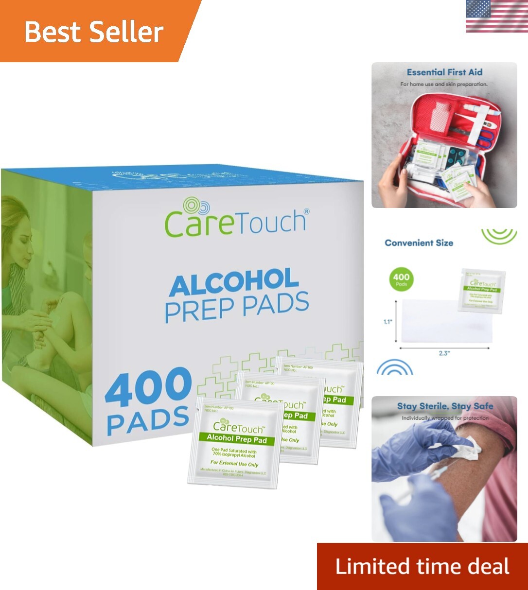 Care Touch 400 Count Sterile Alcohol Prep Pads - Essential First Aid Wipes