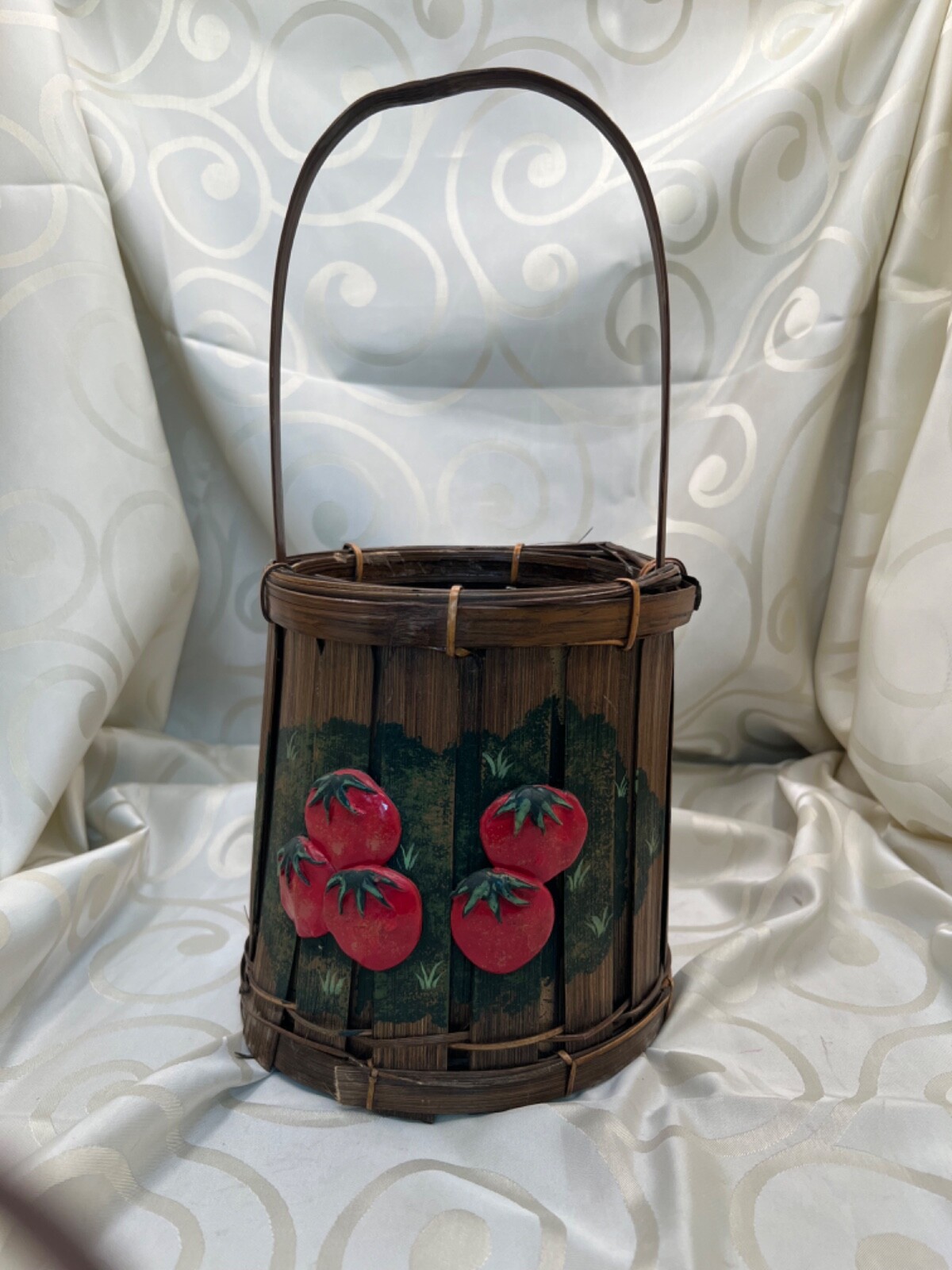 Vintage basket with tall handle hand painted tomatoes