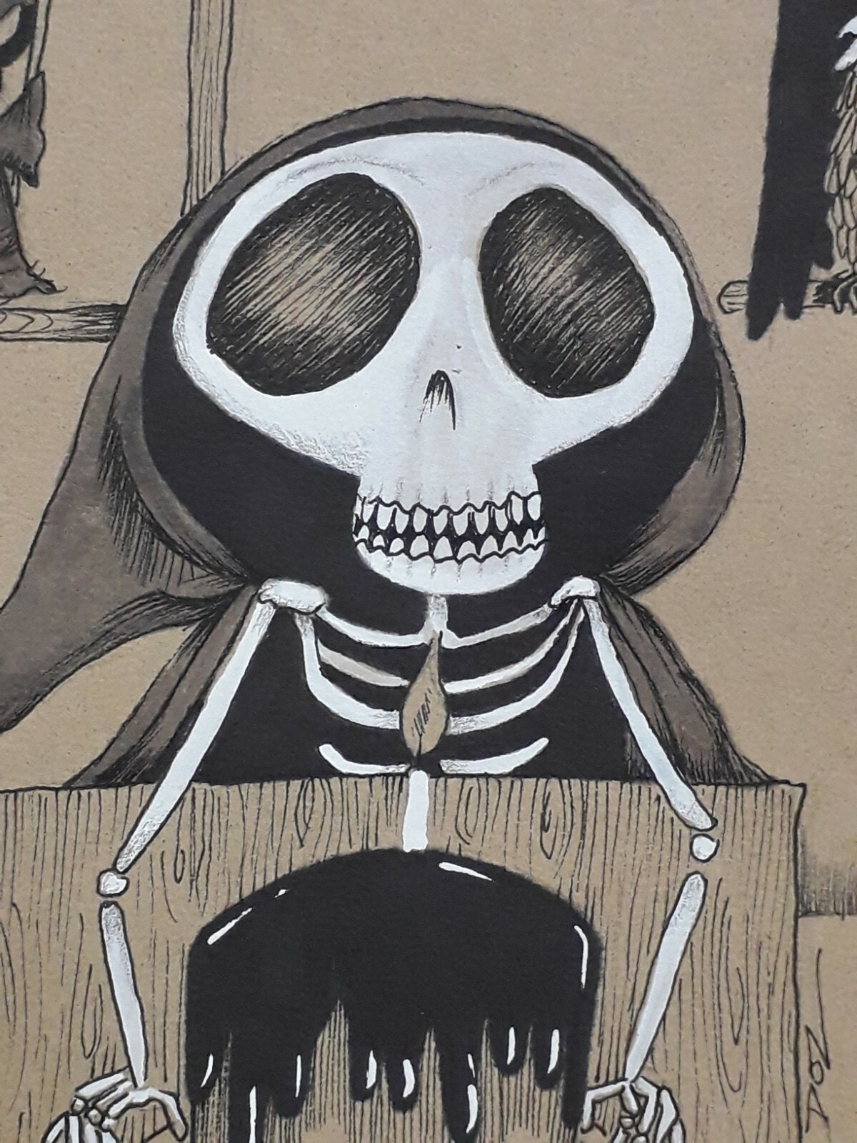 ORIGINAL ARTWORK GRIM REAPERS BIRTHDAY CAKE VULTURE INK DRAWING A5 SIGNED