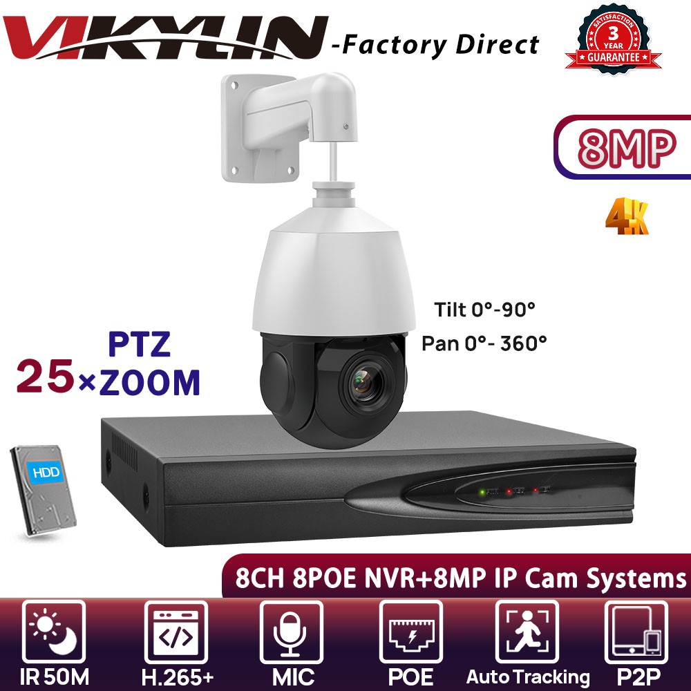 VIKYLIN 8CH 8POE NVR 25×ZOOM 360° IR50M 8MP PTZ Camera Systems Auto Tracking Lot