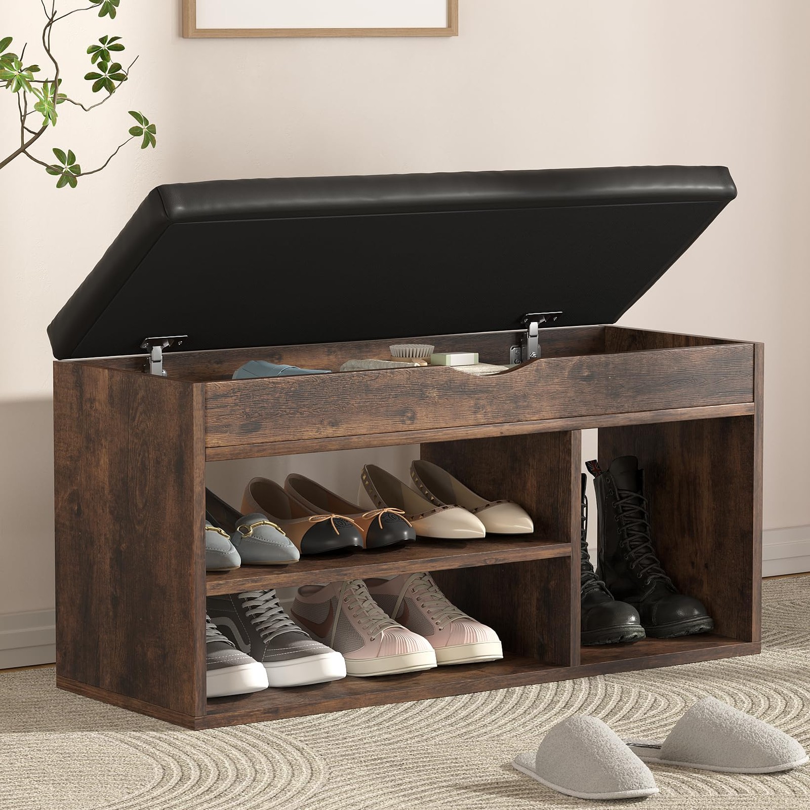 Apicizon 31 Inches Storage Bench with Padded Cushion, Shoe 31 Inch, Brown
