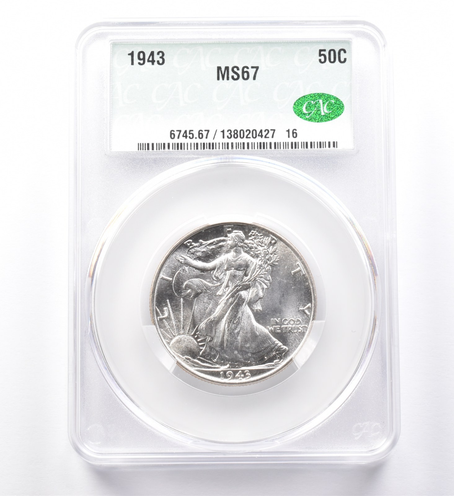 1943 Walking Liberty Half Dollar MS67 CAC *0012