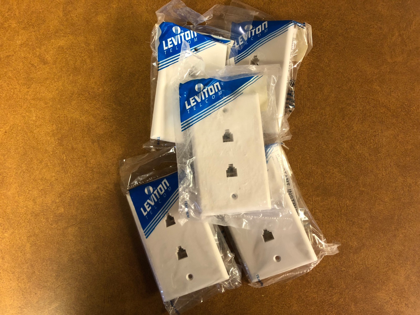 (5) LEVITON 40244-W 4 Wire Dual 2 Line White Phone Jack Faceplate Wall Plate