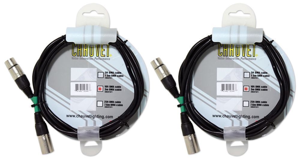 (2) Chauvet DMX3P10FT 10 Foot Male To Female 3 Pin DMX Lighting Cable