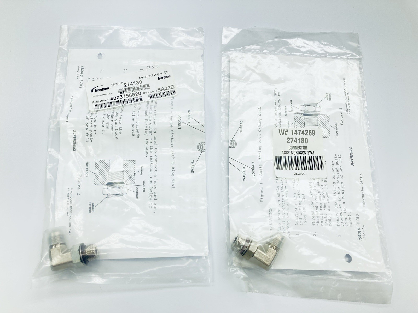 Lot of 2 NORDSON 274180 JIC #6 Fitting 90° w/ O-ring for H20 H200 Automatic Guns