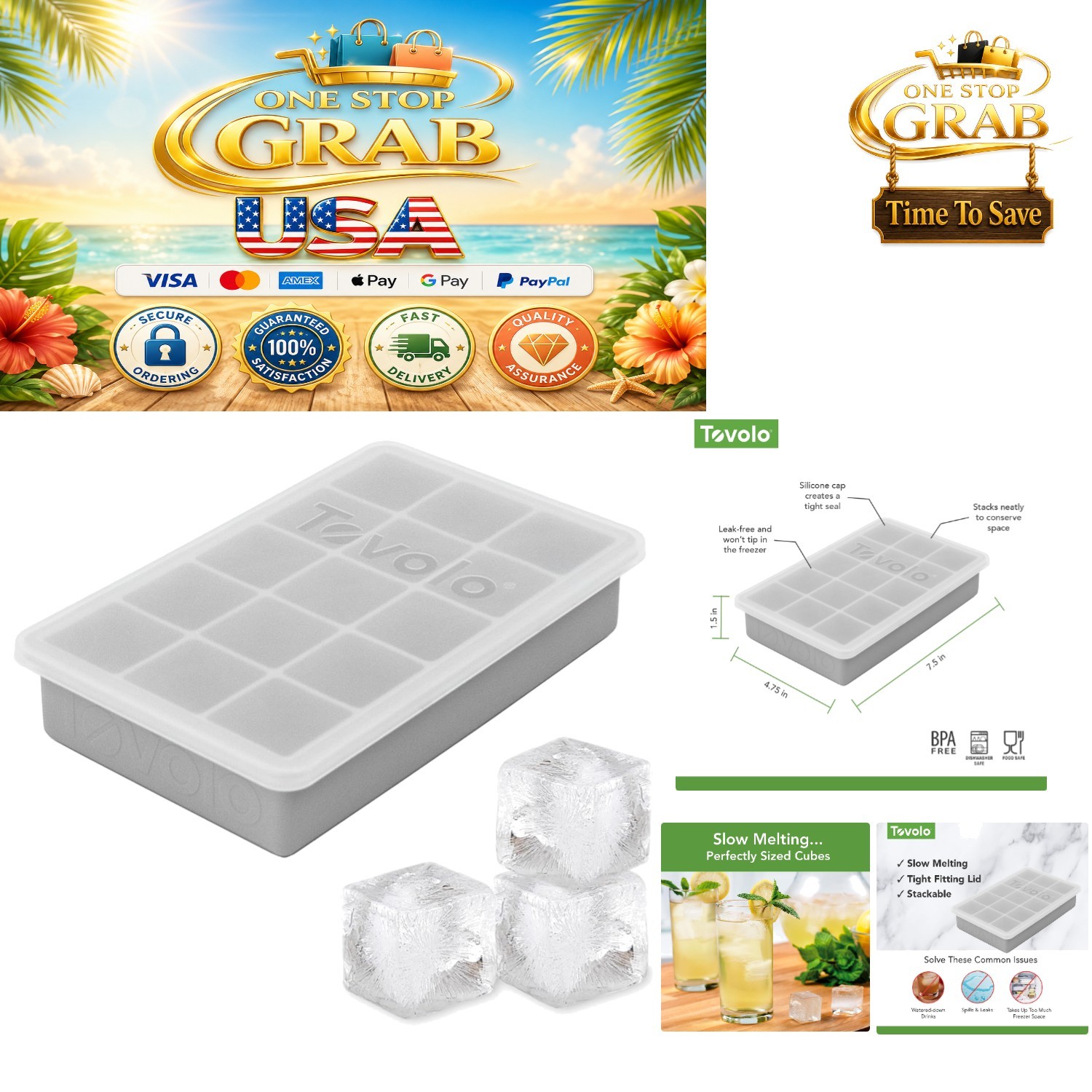 Set Of 2 Oyster Gray Silicone Ice Trays With Lids Reusable Square Cubes