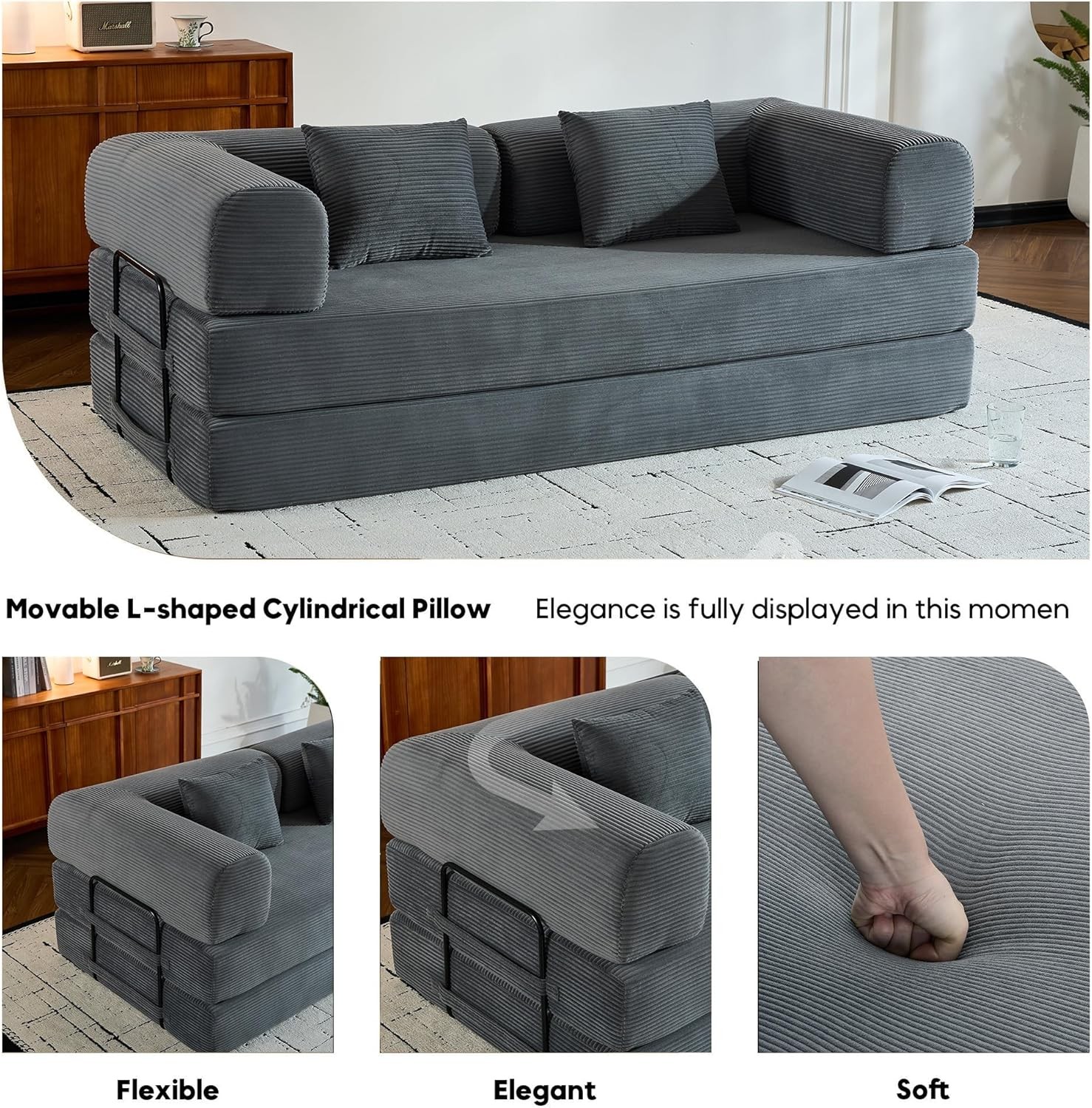 77.9" Convertible Floor Bed Folding Couch with Back Support Fixed-Shape Frame