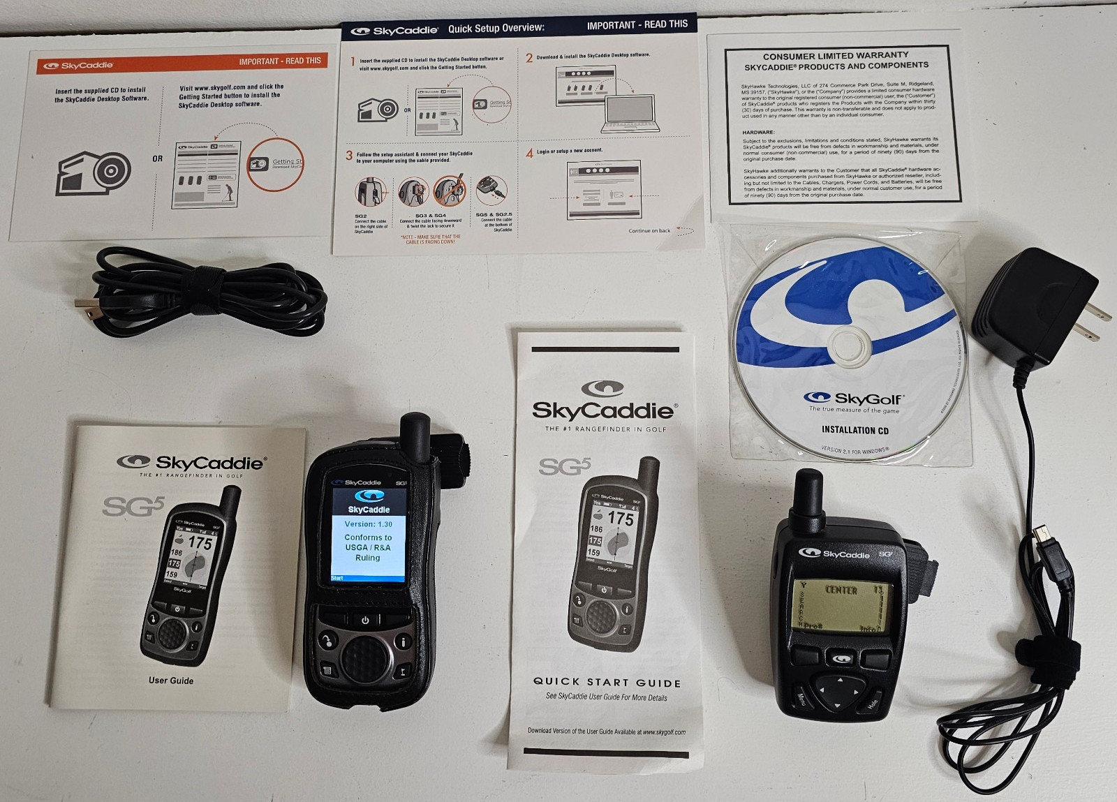 SkyCaddie SG2 & SG5 Rangefinder W/Charger, USB Cable, Manuals & Skygolf Disc