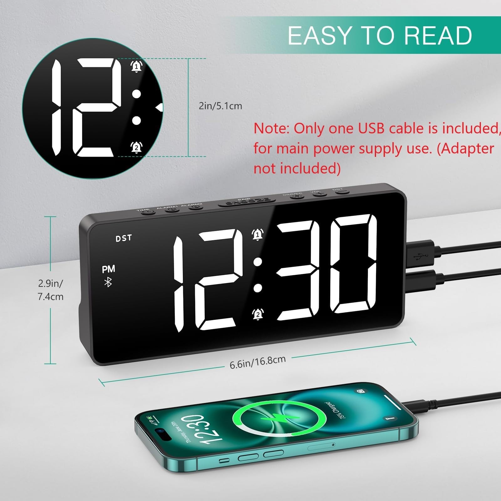 Digital Alarm Clock, LED Bedroom Clock with Bluetooth Sync Time, Auto Sync Ti...