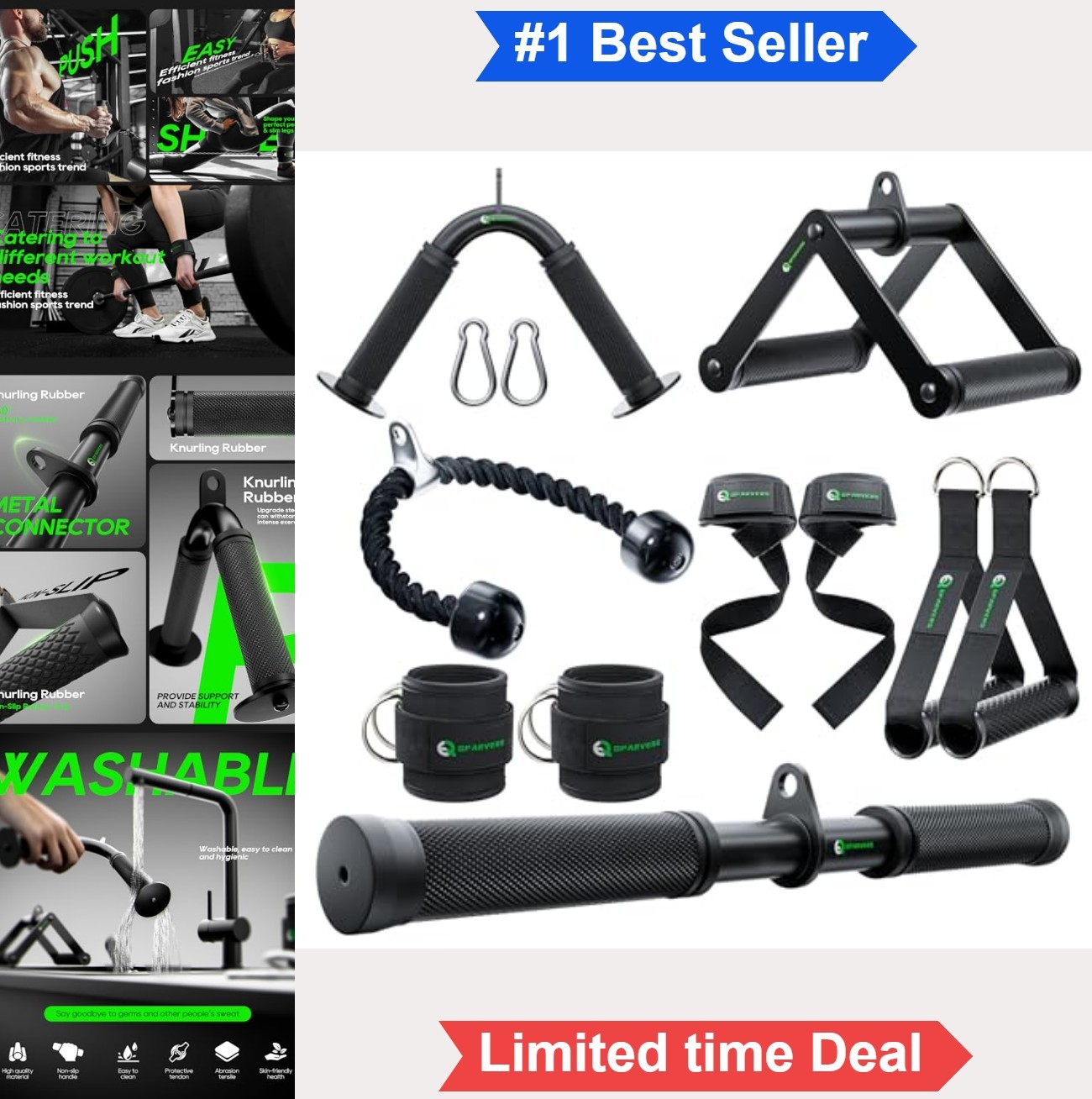 Cable Machine Attachment Set Lat Pulldown Tricep Rope Ankle Straps Wrist Wraps