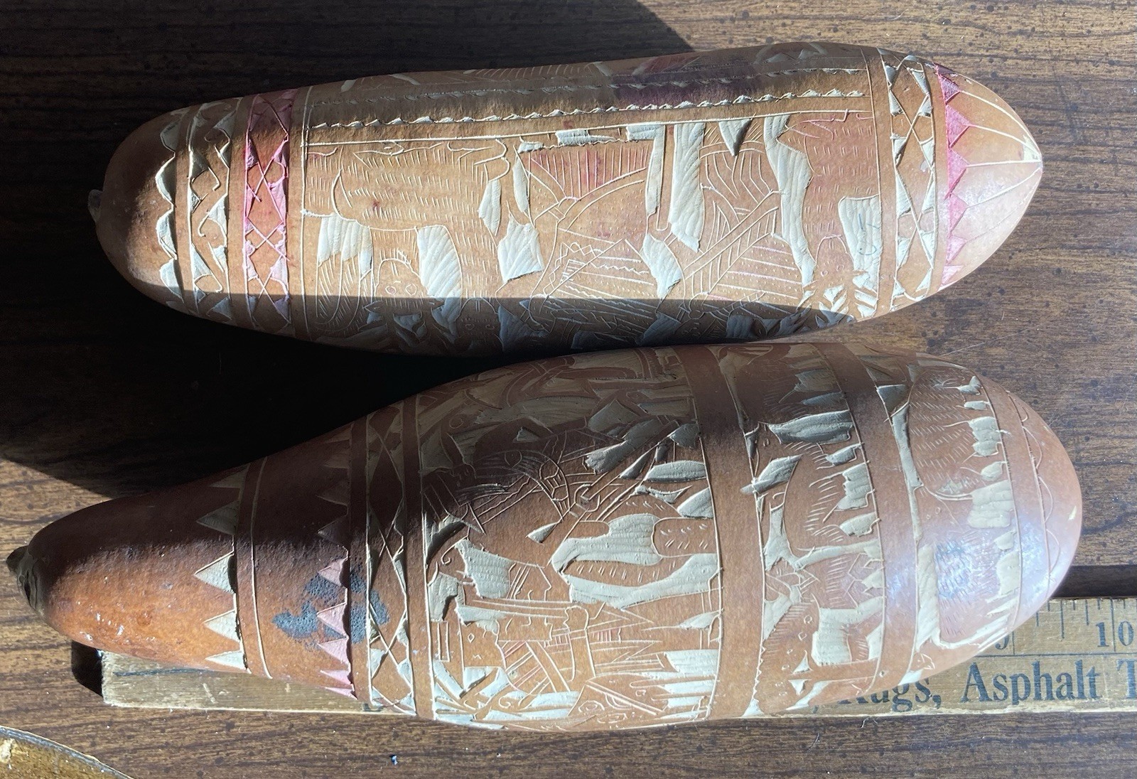 (2) Vintage Peruvian Hand-Carved Gourd Maracas/Rain Sticks